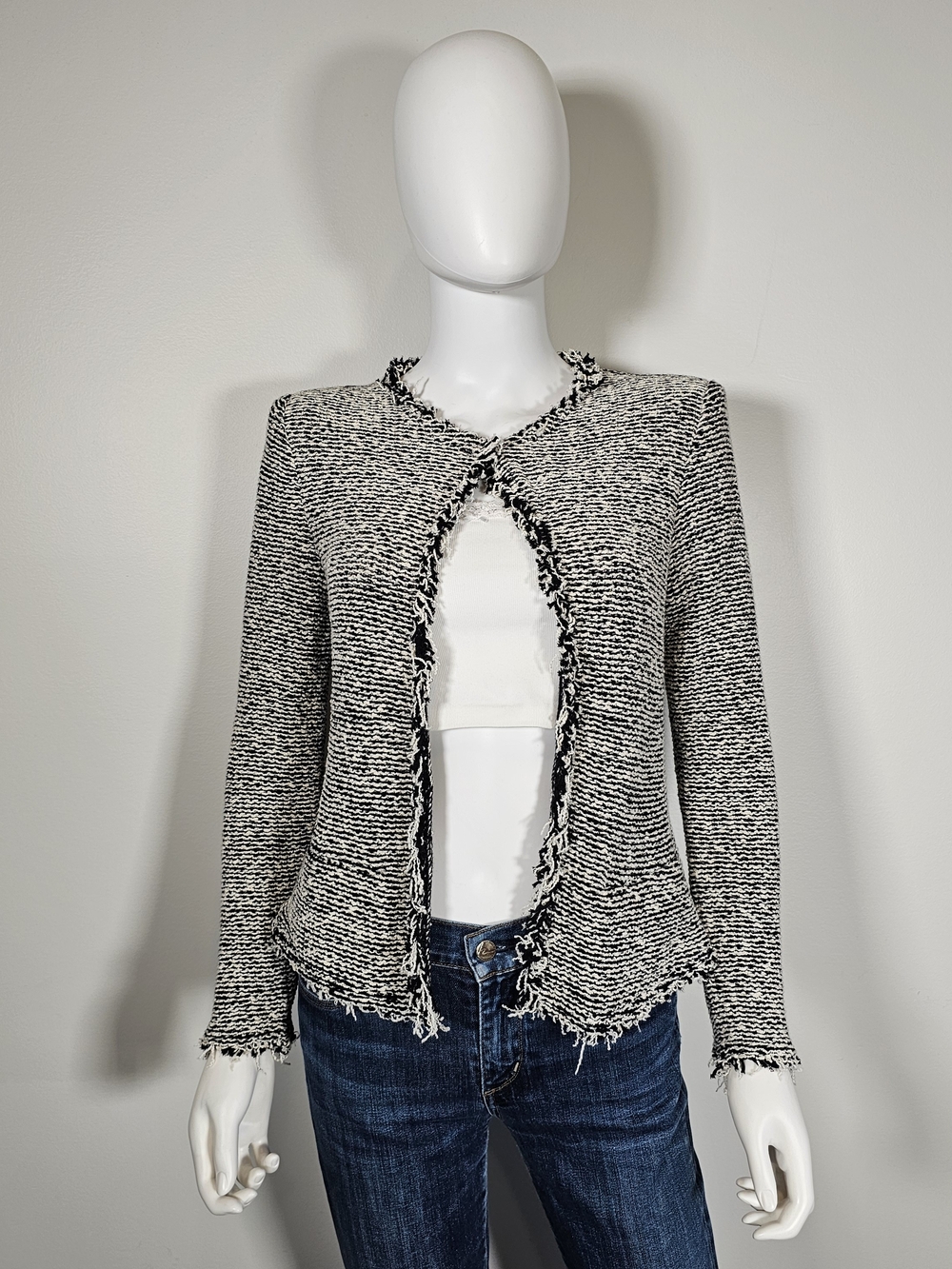 IRO Black & White Tweed Fringe Open Cardigan Sz 36 US Sz 4